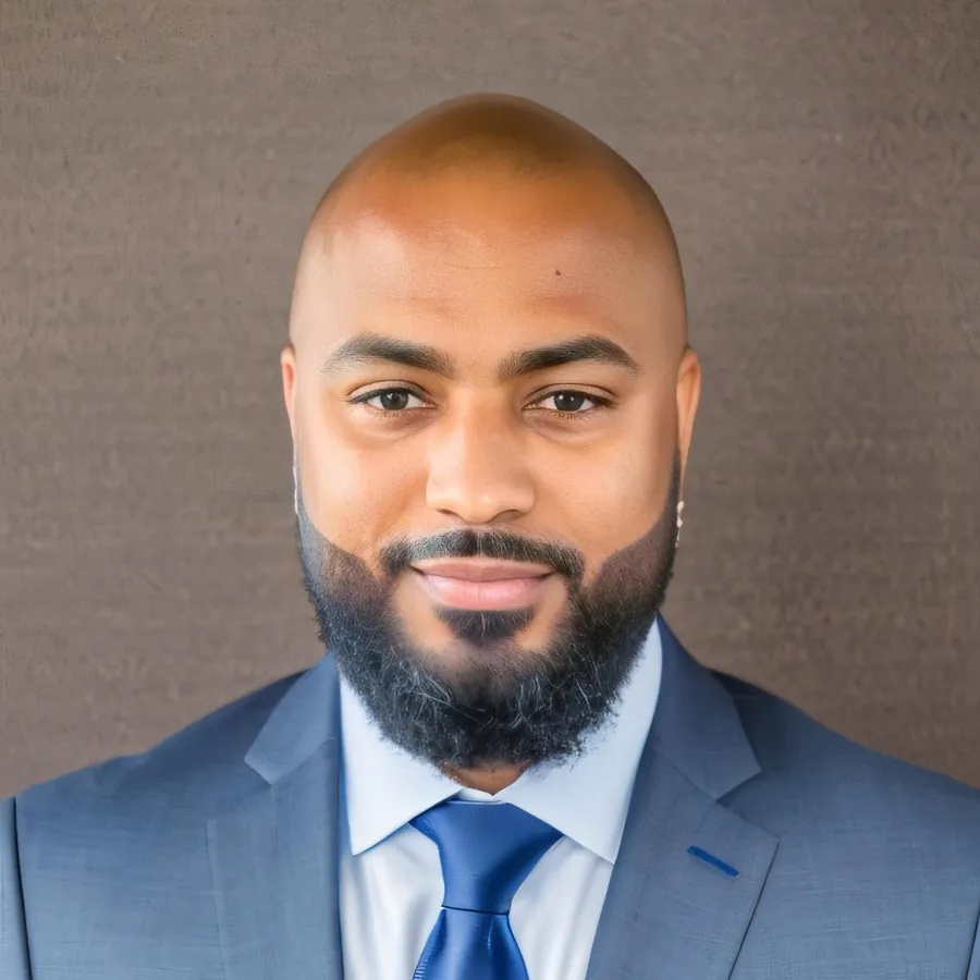 Arnolde Cardoso in a navy suit and blue tie