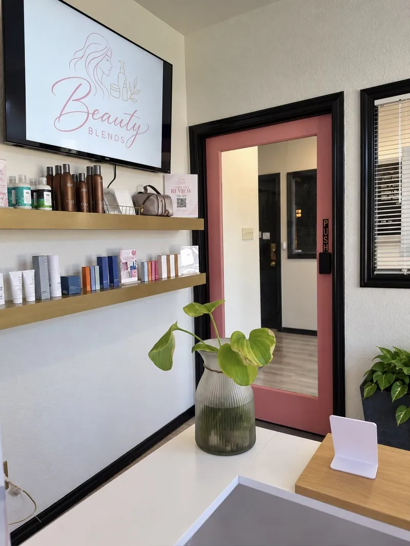 Skincare products on shelves beside the Beauty Blends screen